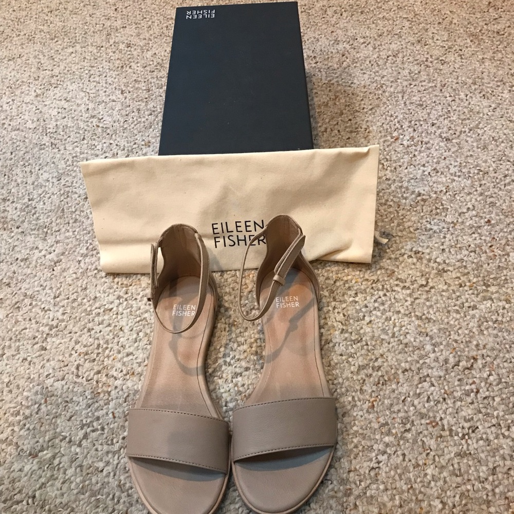 Eileen Fisher Taupe Leather Ankle-Strap Sandals